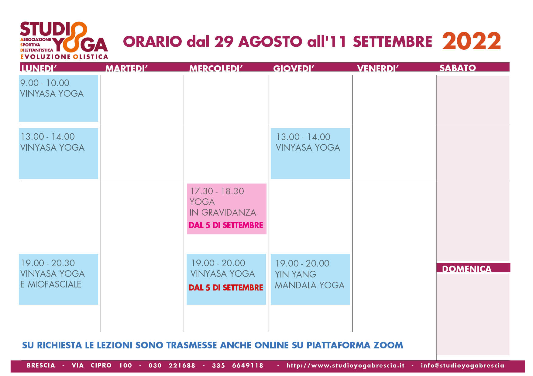 STUDIO YOGA ORARIO AGOSTO-SETTEMBRE 2022