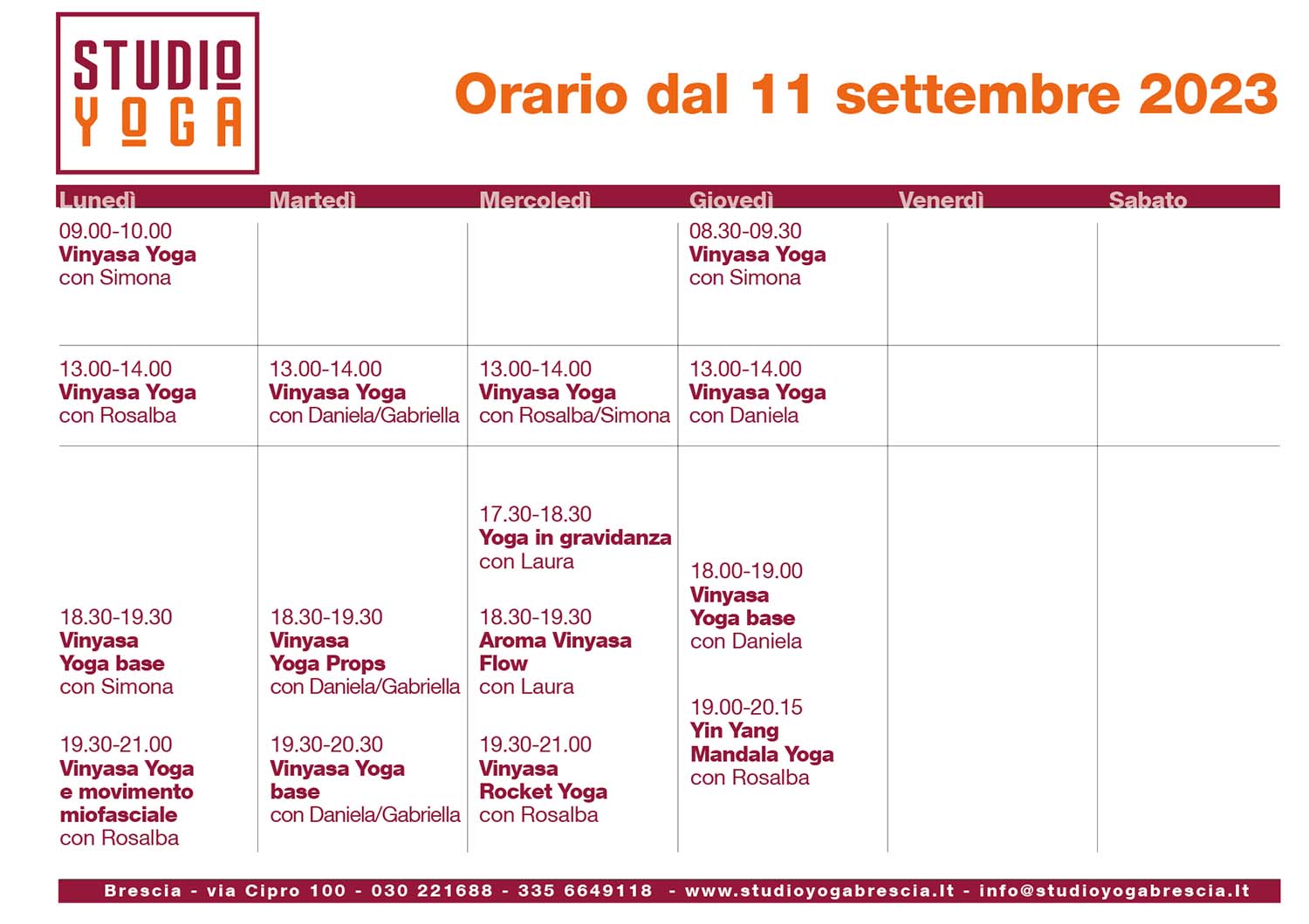 STUDIO YOGA ORARI dall'11 settembre 2023